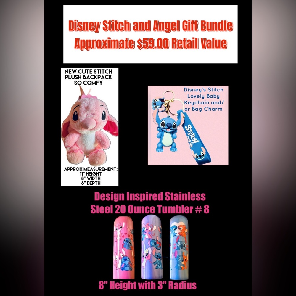 Disney Angel & Stitch Bundle Lot Backpack, Tumbler, & Stitch Key Chain Charm New